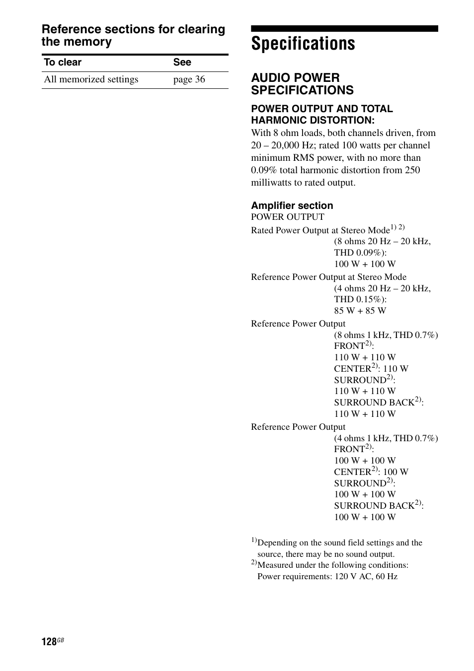 Specifications, Audio power specifications | Sony STR-DG2100 User Manual | Page 128 / 134