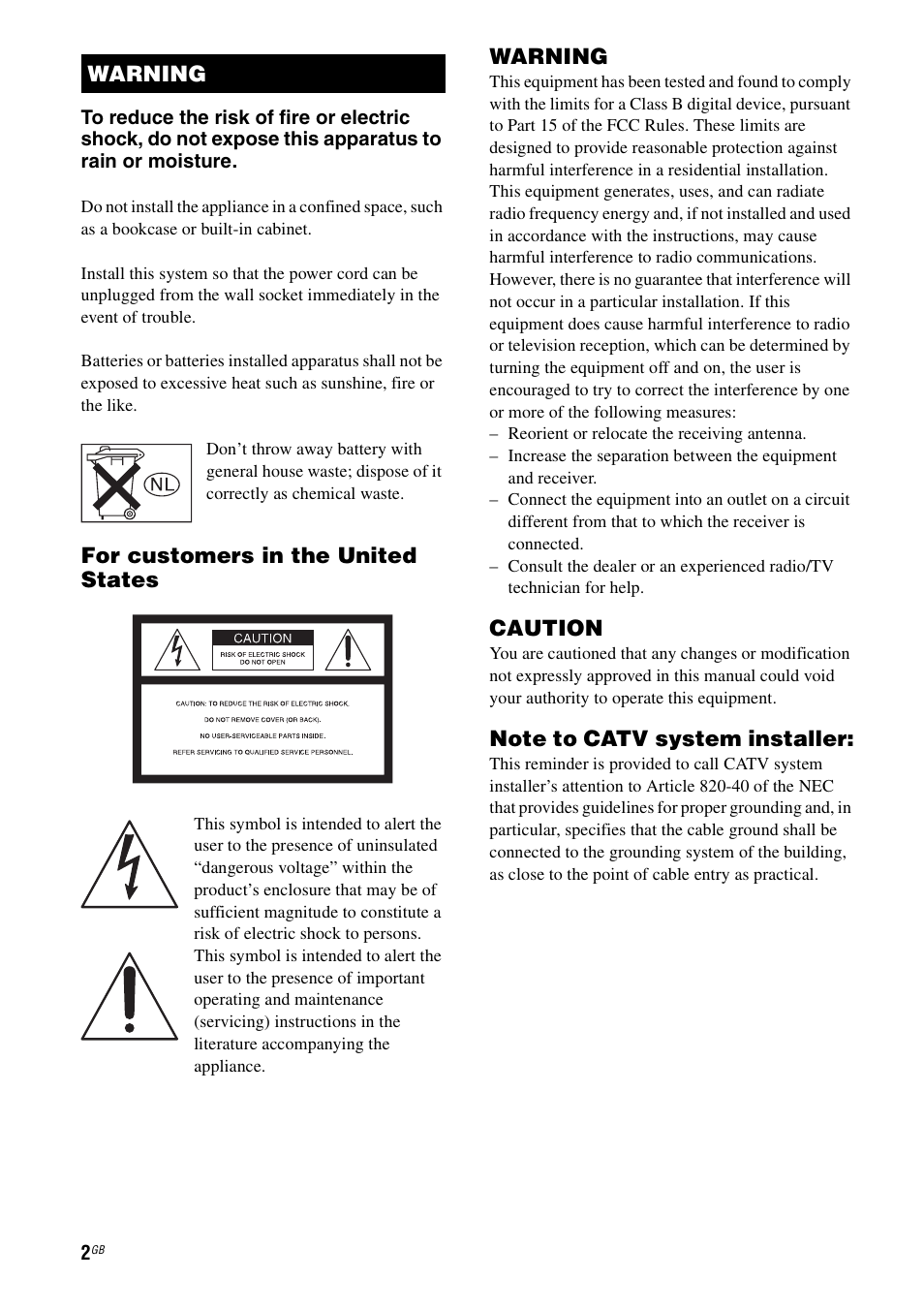 For customers in the united states, Warning, Caution | Sony STR-DG2100 User Manual | Page 2 / 134