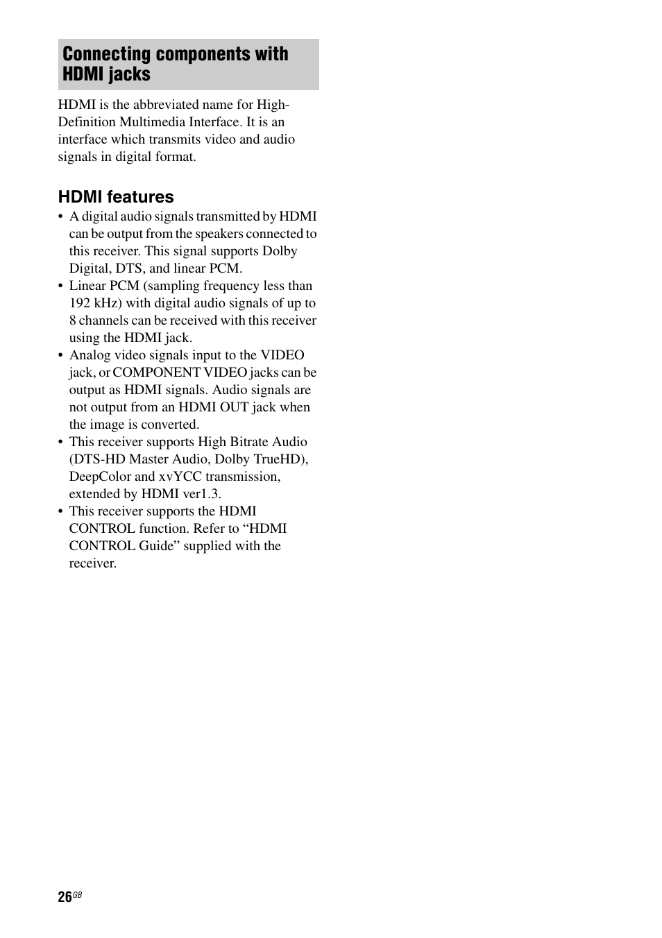 Connecting components with hdmi jacks, Hdmi features | Sony STR-DG2100 User Manual | Page 26 / 134