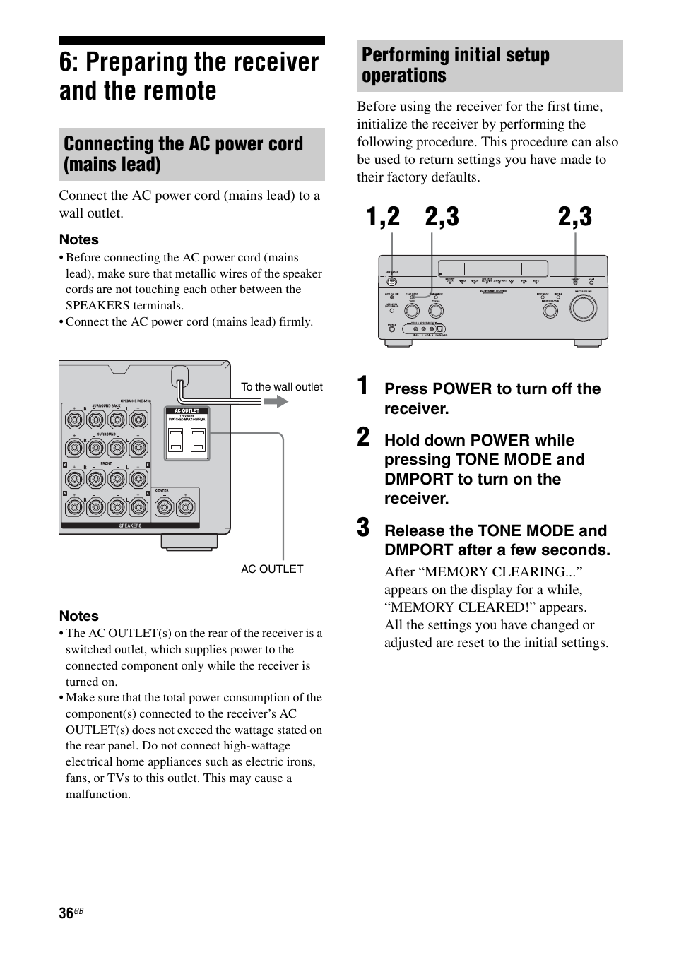 Preparing the receiver and the remote, Connecting the ac power cord (mains lead), Performing initial setup operations | Sony STR-DG2100 User Manual | Page 36 / 134