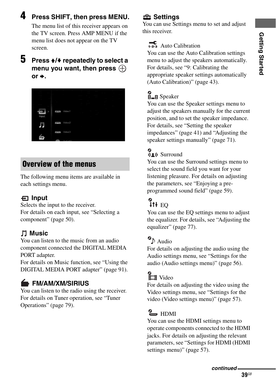 Overview of the menus | Sony STR-DG2100 User Manual | Page 39 / 134