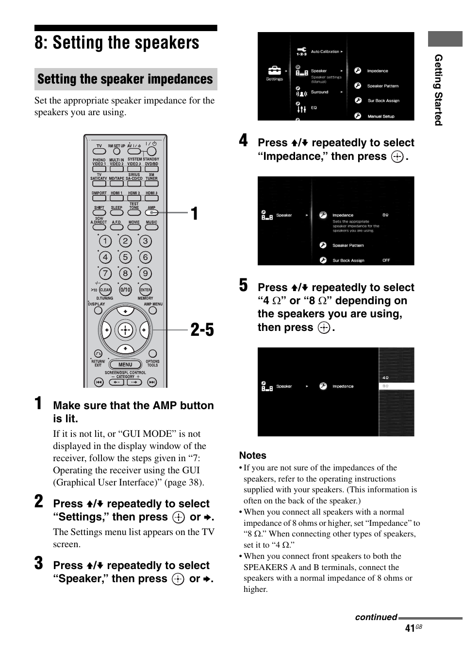 Setting the speakers, Setting the speaker impedances | Sony STR-DG2100 User Manual | Page 41 / 134