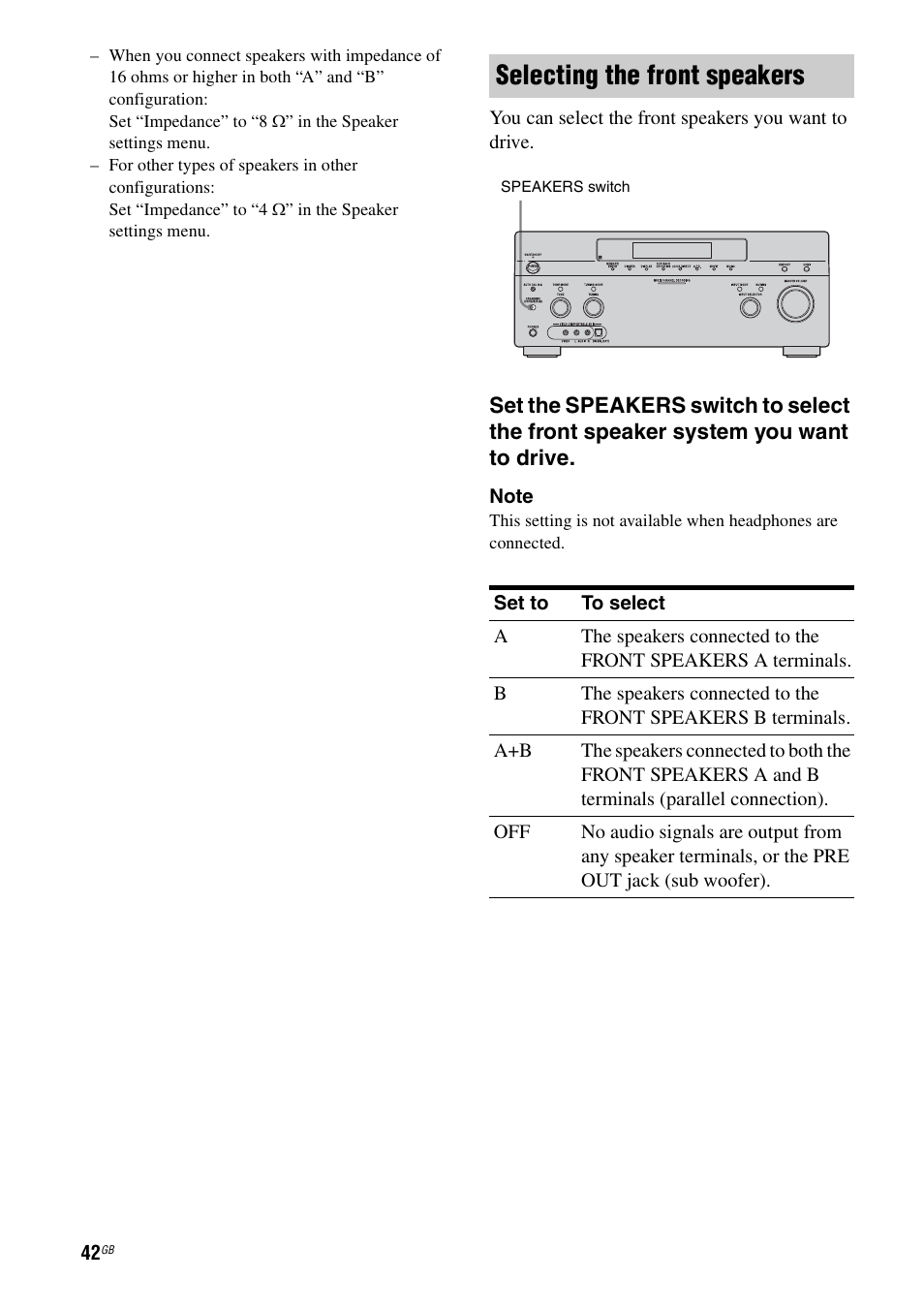 Selecting the front speakers | Sony STR-DG2100 User Manual | Page 42 / 134