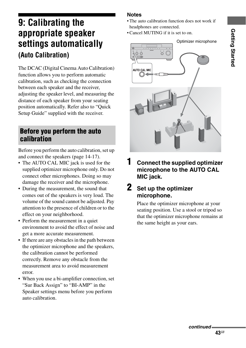 Calibrating the appropriate speaker settings, Automatically (auto calibration), Auto calibration) | Before you perform the auto calibration | Sony STR-DG2100 User Manual | Page 43 / 134