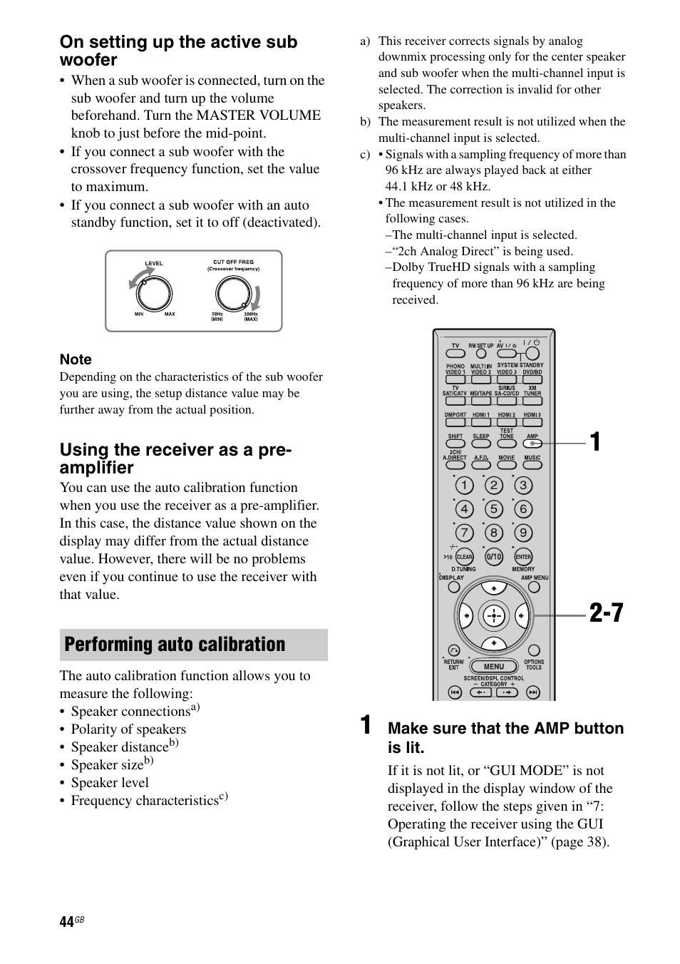 Performing auto calibration, On setting up the active sub woofer, Using the receiver as a pre- amplifier | Sony STR-DG2100 User Manual | Page 44 / 134