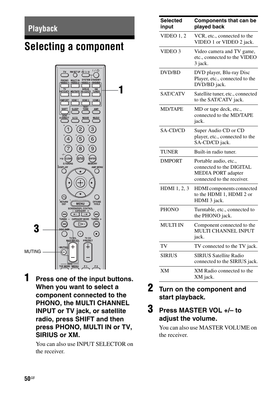 Playback, Selecting a component, Selecting a component 1 | Sony STR-DG2100 User Manual | Page 50 / 134