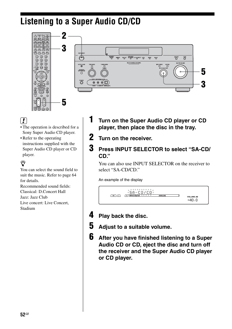 Listening to a super audio cd/cd | Sony STR-DG2100 User Manual | Page 52 / 134