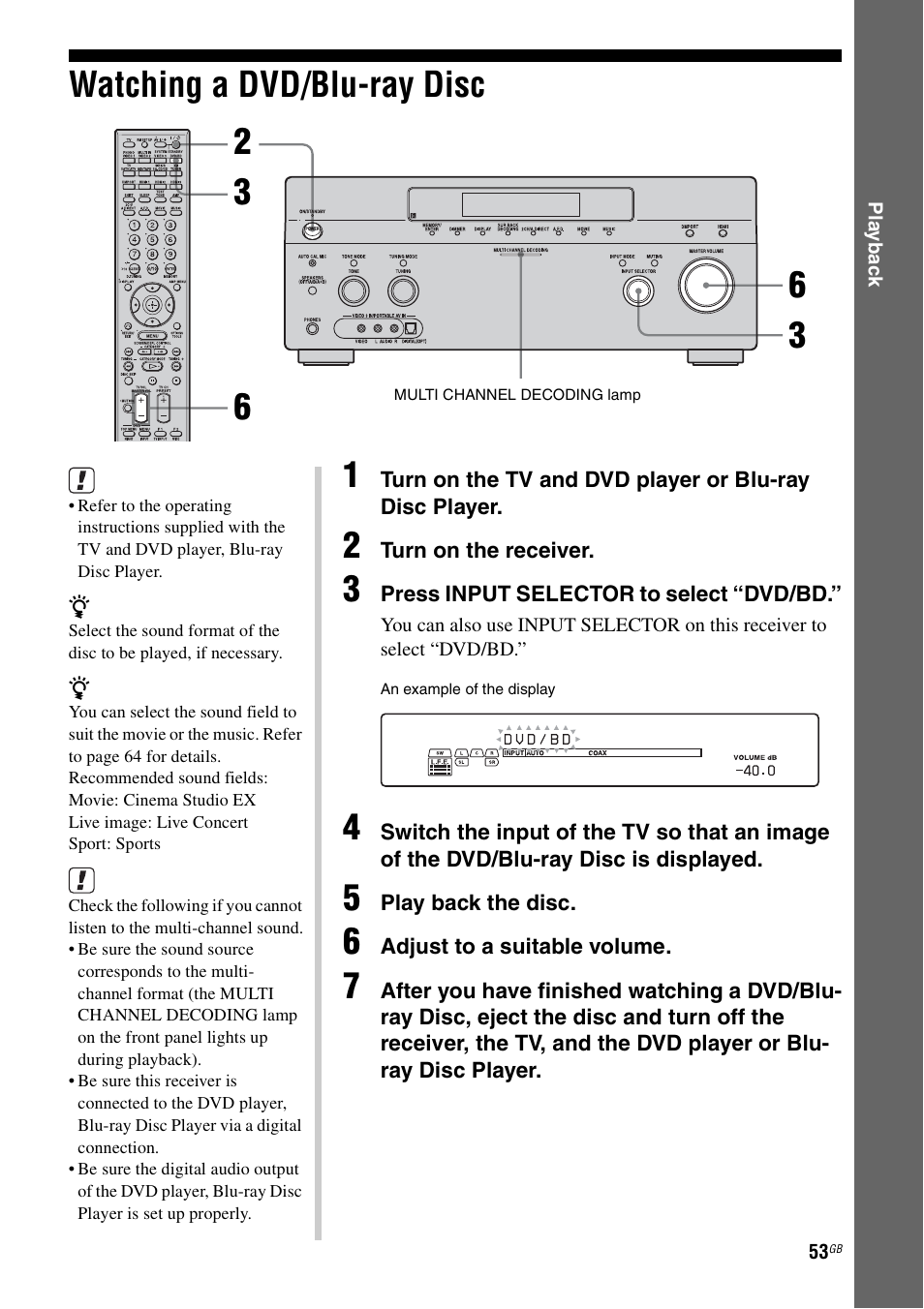 Watching a dvd/blu-ray disc | Sony STR-DG2100 User Manual | Page 53 / 134