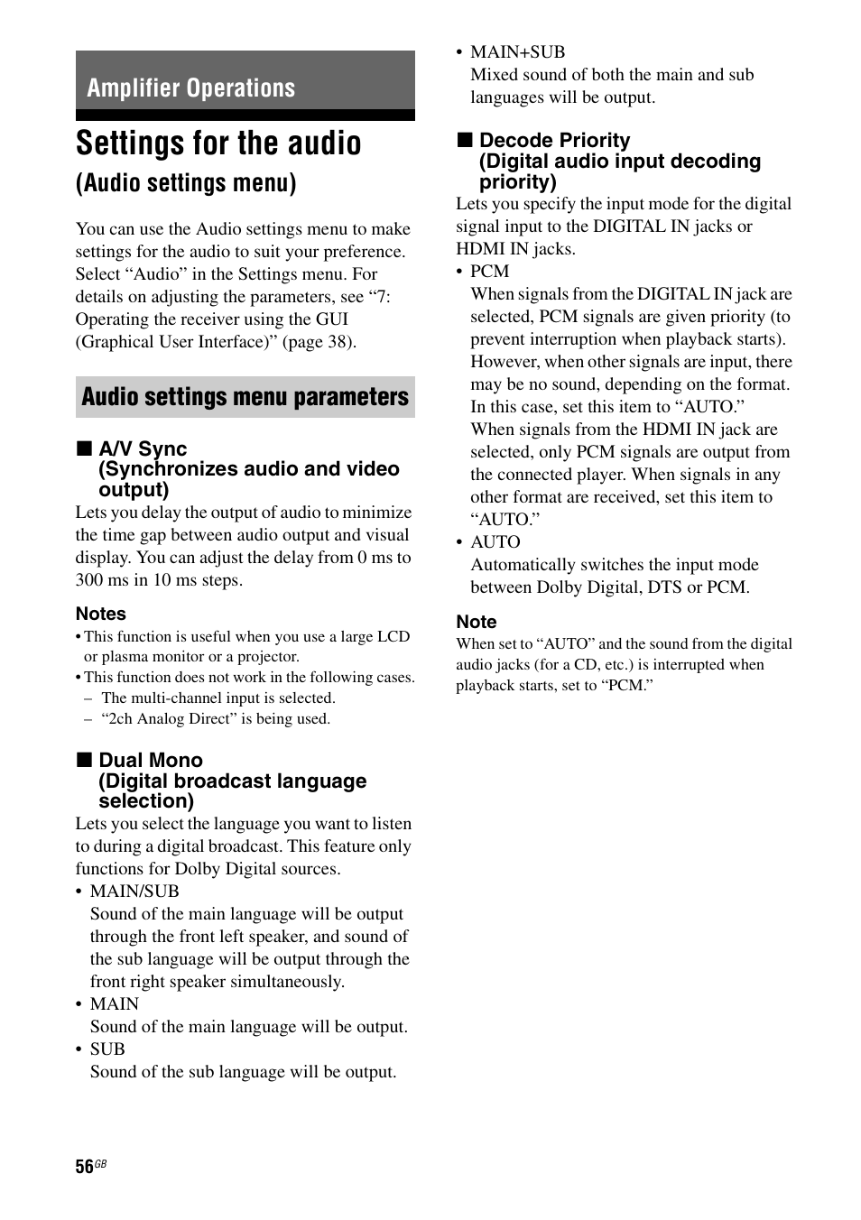 Amplifier operations, Settings for the audio (audio settings menu), Settings for the audio | Audio settings menu) | Sony STR-DG2100 User Manual | Page 56 / 134