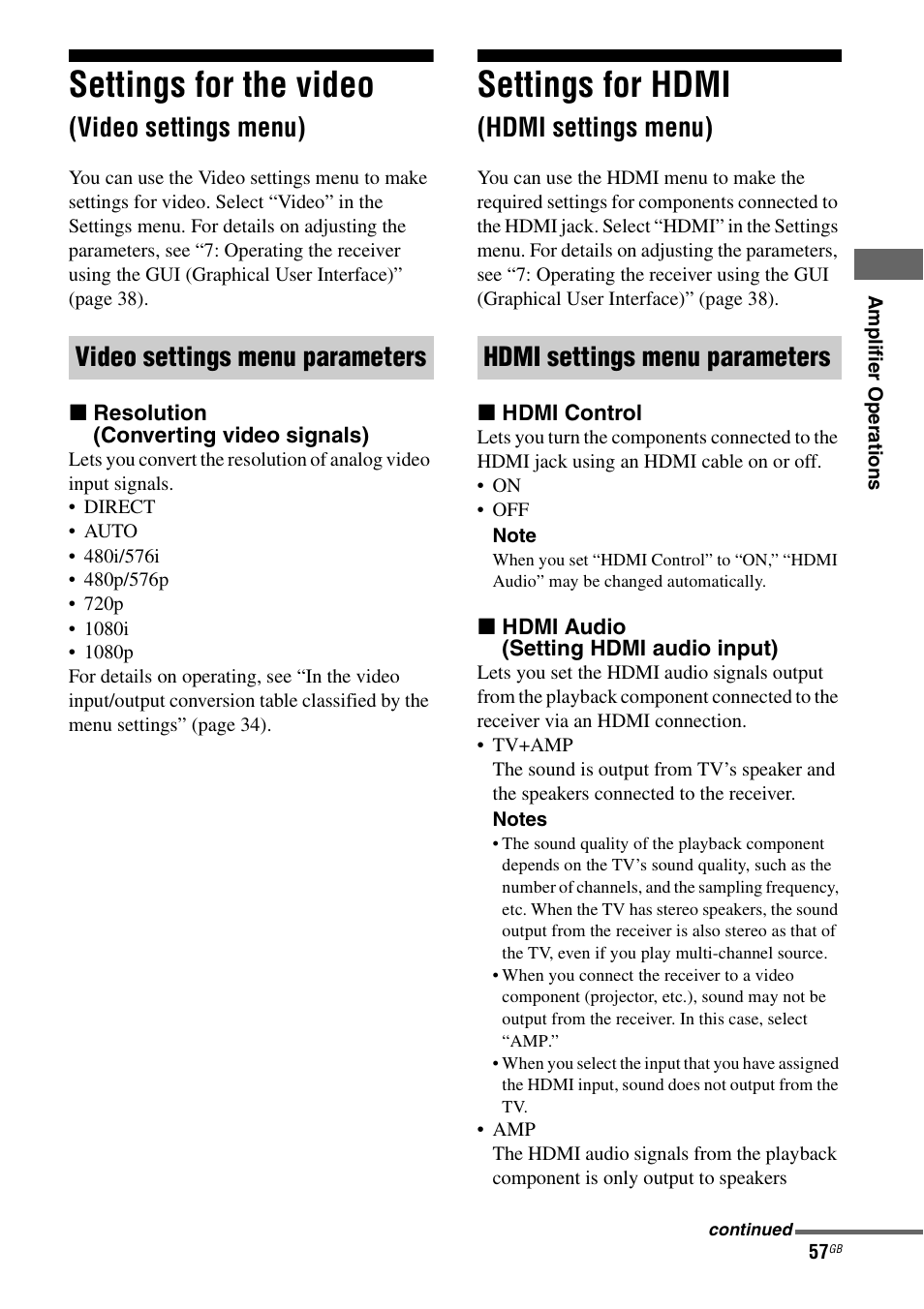 Settings for the video (video settings menu), Settings for hdmi (hdmi settings menu), Settings for the video | Video settings menu), Settings for hdmi, Hdmi settings menu) | Sony STR-DG2100 User Manual | Page 57 / 134