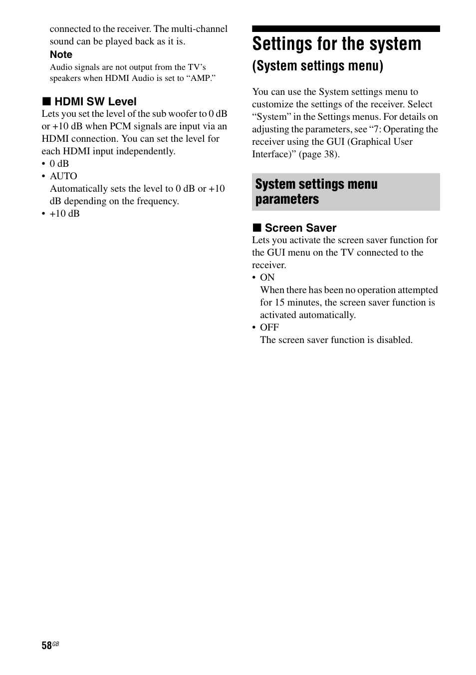 Settings for the system (system settings menu), Settings for the system, System settings menu) | System settings menu parameters | Sony STR-DG2100 User Manual | Page 58 / 134