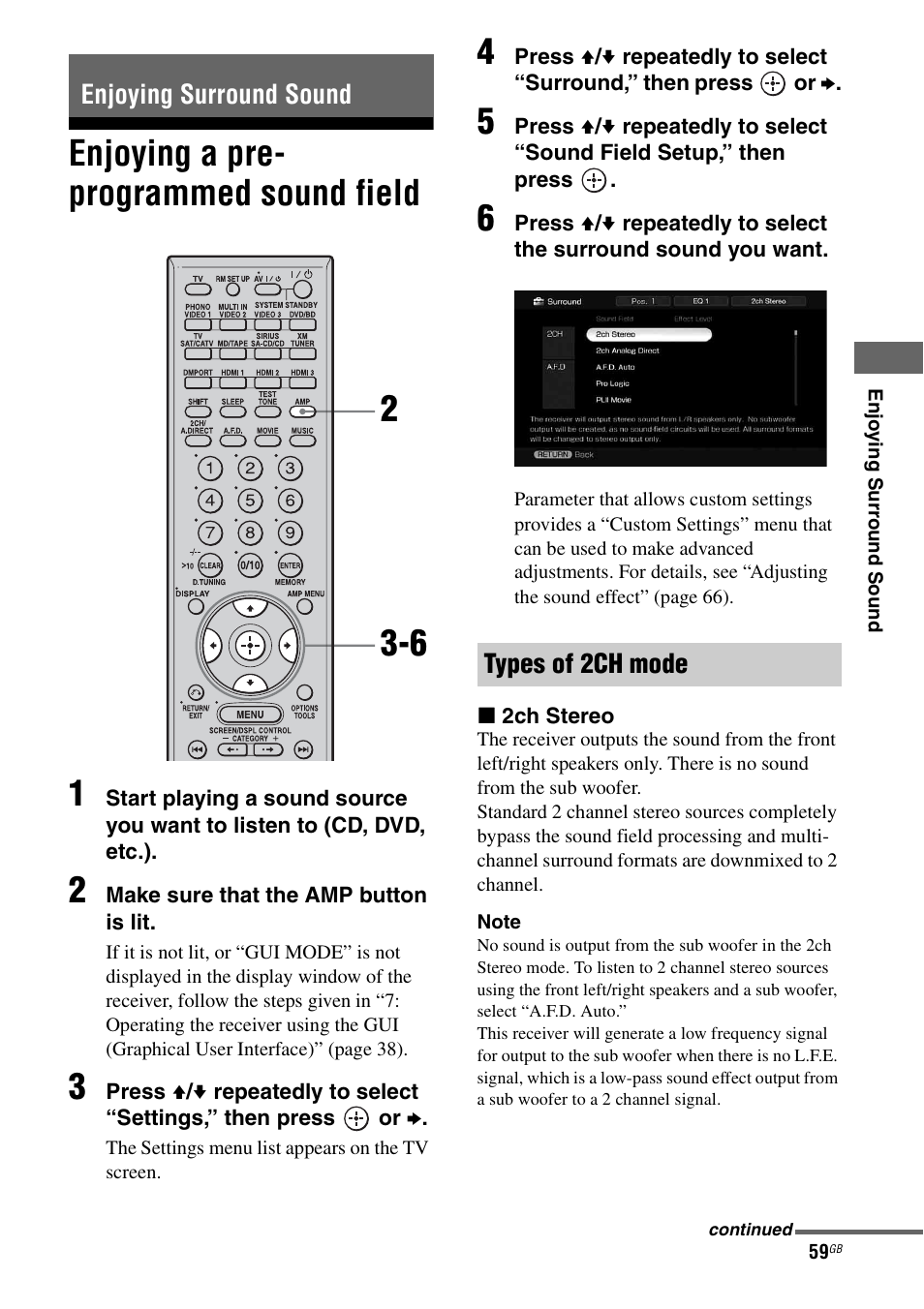 Enjoying surround sound, Enjoying a pre- programmed sound field, Enjoying a pre-programmed sound field | Enjoying a pre- programmed sound field 1 | Sony STR-DG2100 User Manual | Page 59 / 134
