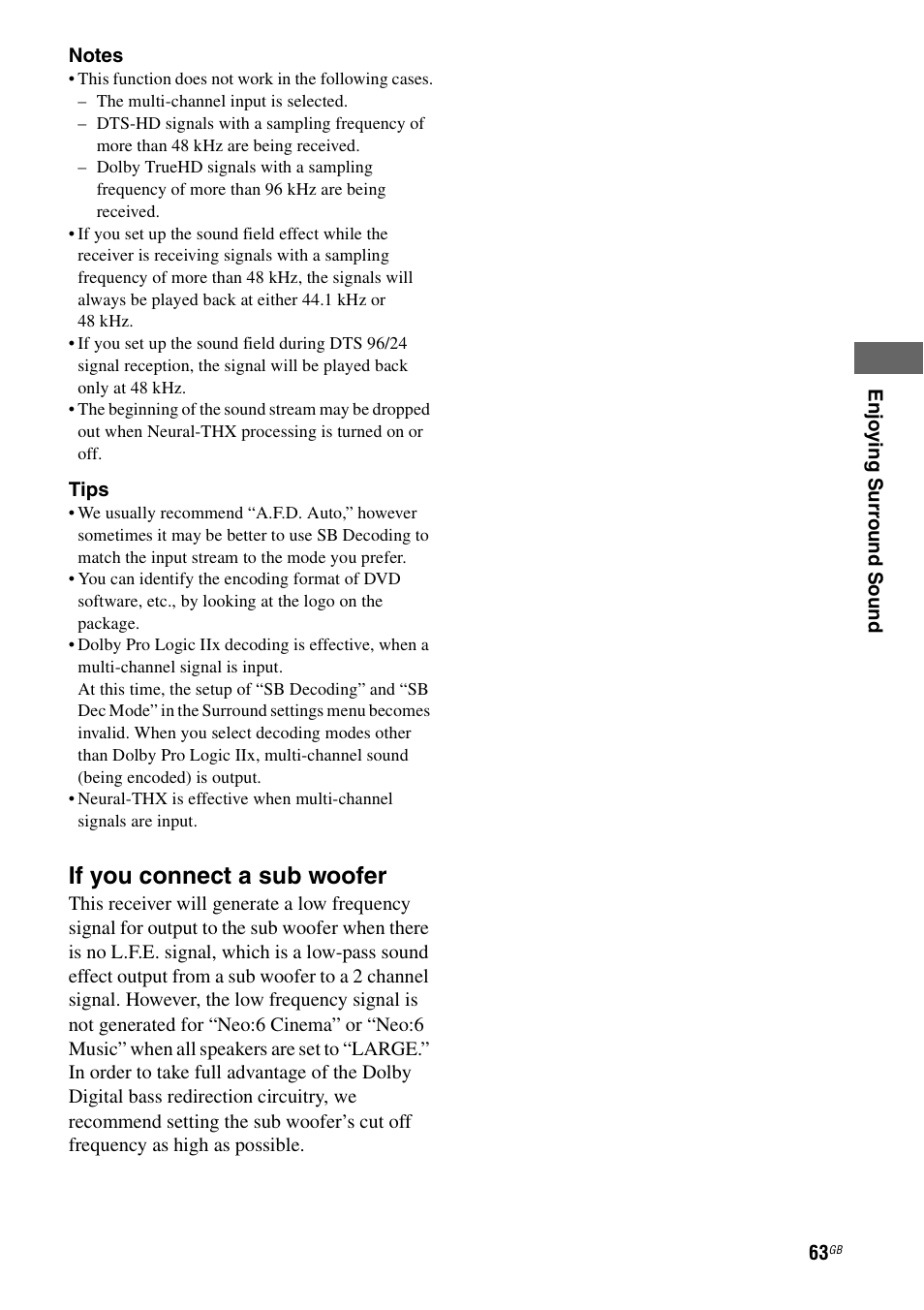 If you connect a sub woofer | Sony STR-DG2100 User Manual | Page 63 / 134