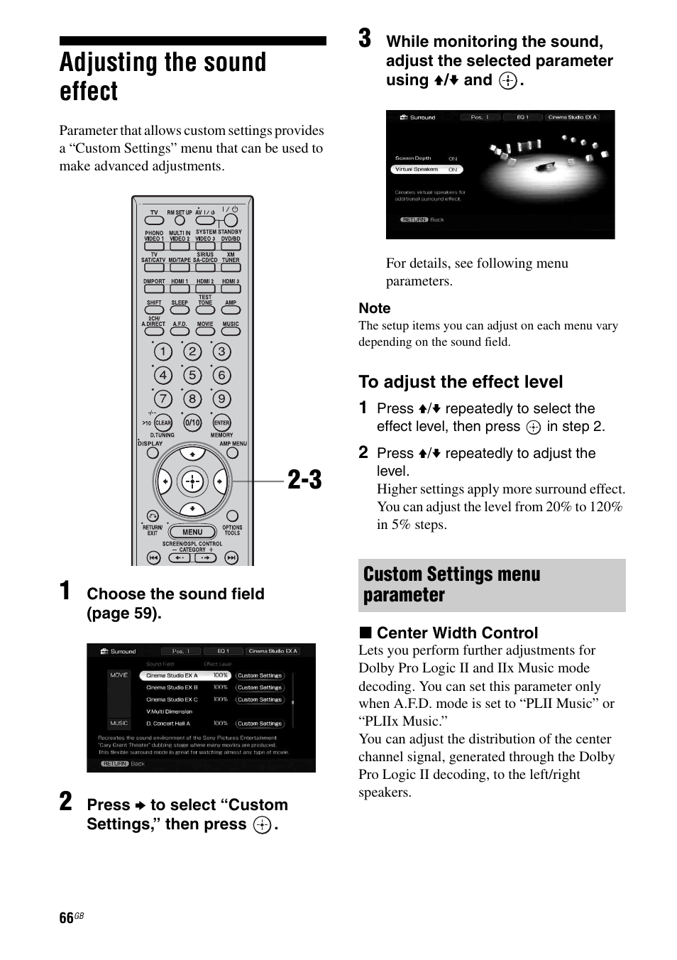 Adjusting the sound effect, Custom settings menu parameter | Sony STR-DG2100 User Manual | Page 66 / 134