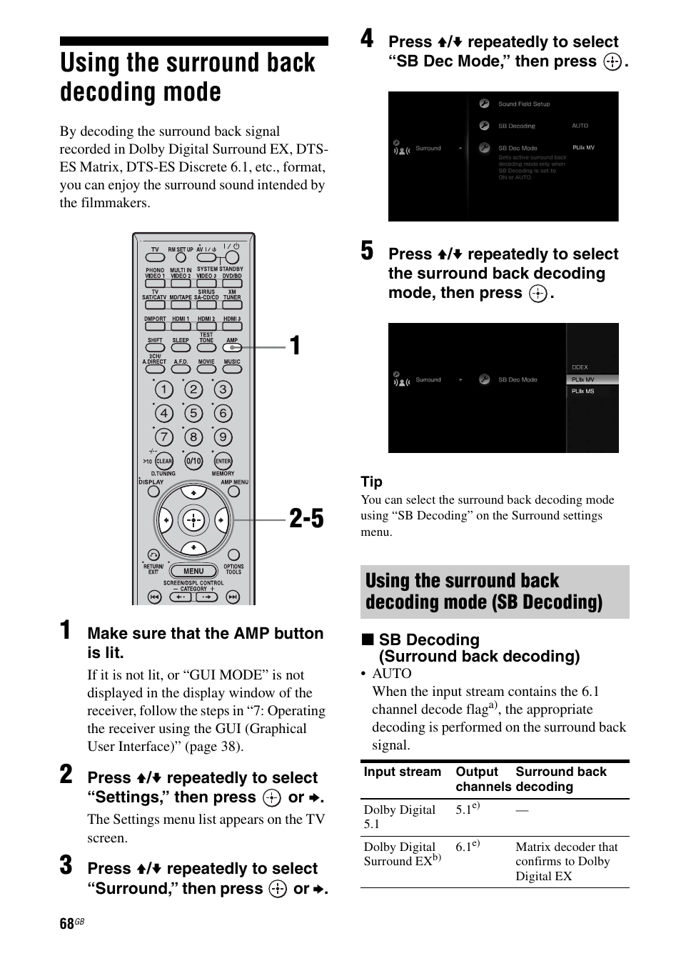 Using the surround back decoding mode | Sony STR-DG2100 User Manual | Page 68 / 134