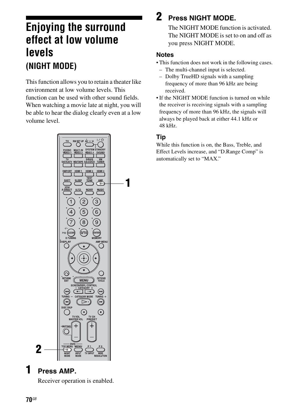 Enjoying the surround effect at low volume, Levels (night mode), Enjoying the surround effect at low volume levels | Night mode) | Sony STR-DG2100 User Manual | Page 70 / 134