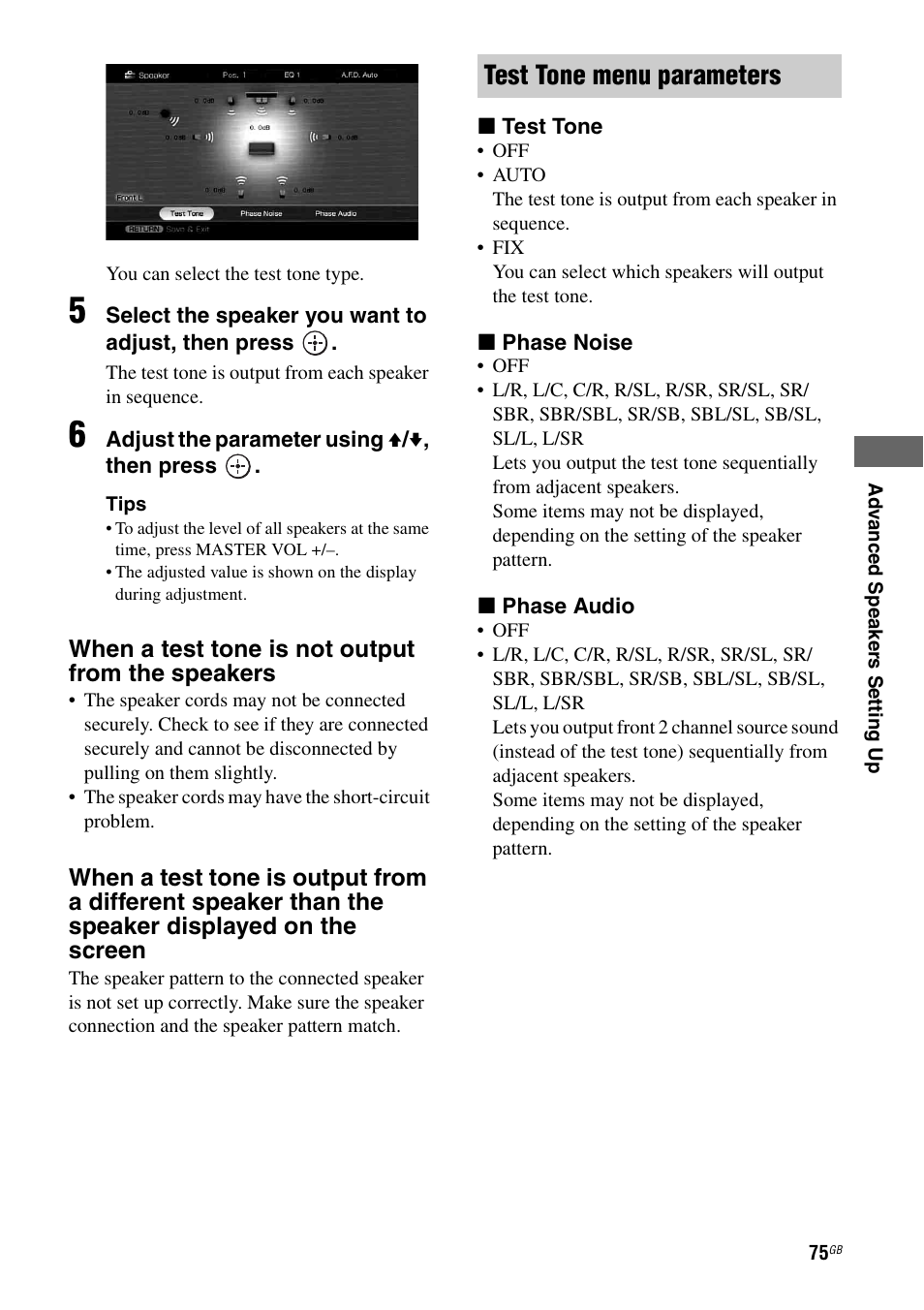 Test tone menu parameters | Sony STR-DG2100 User Manual | Page 75 / 134