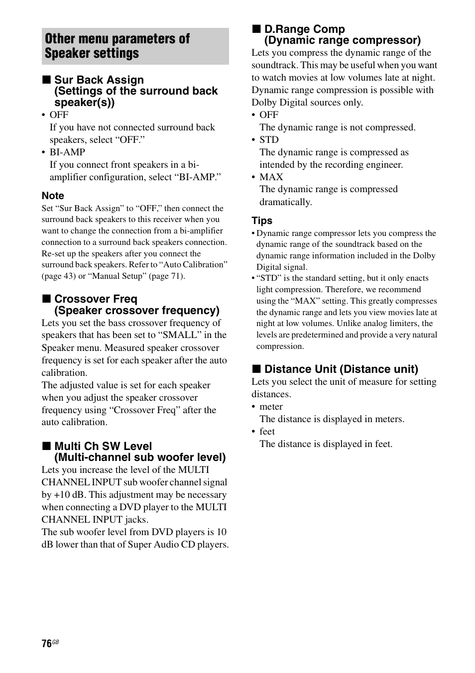 Other menu parameters of speaker settings | Sony STR-DG2100 User Manual | Page 76 / 134