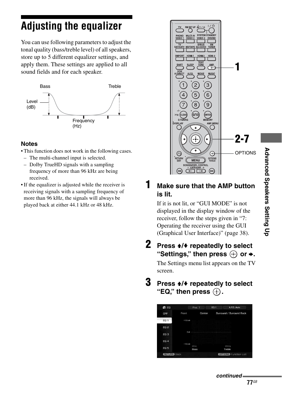 Adjusting the equalizer | Sony STR-DG2100 User Manual | Page 77 / 134