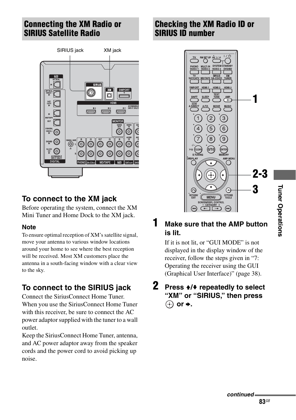 Connecting the xm radio or sirius satellite radio, Checking the xm radio id or sirius id number | Sony STR-DG2100 User Manual | Page 83 / 134