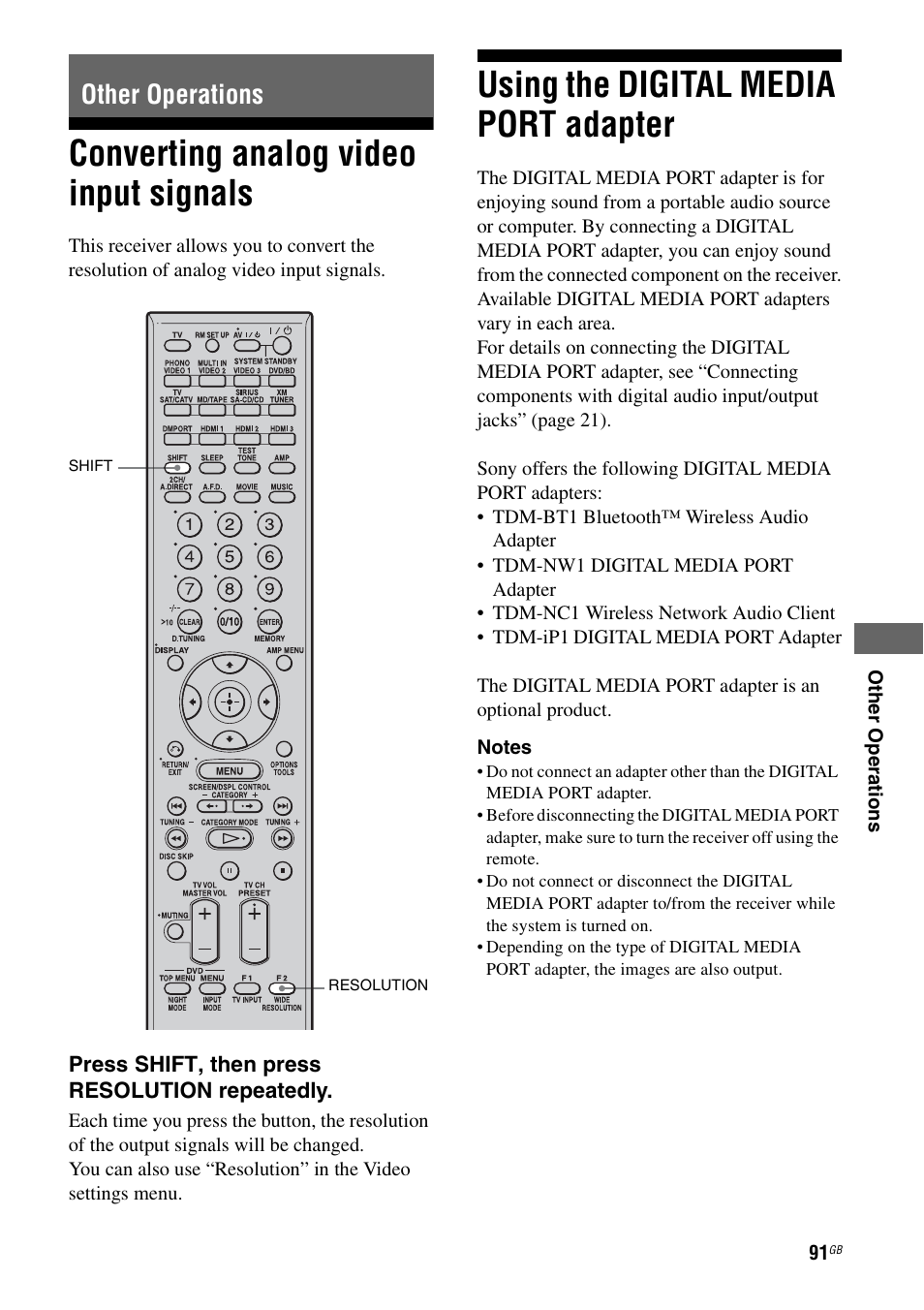 Other operations, Converting analog video input signals, Using the digital media port adapter | Adapter | Sony STR-DG2100 User Manual | Page 91 / 134