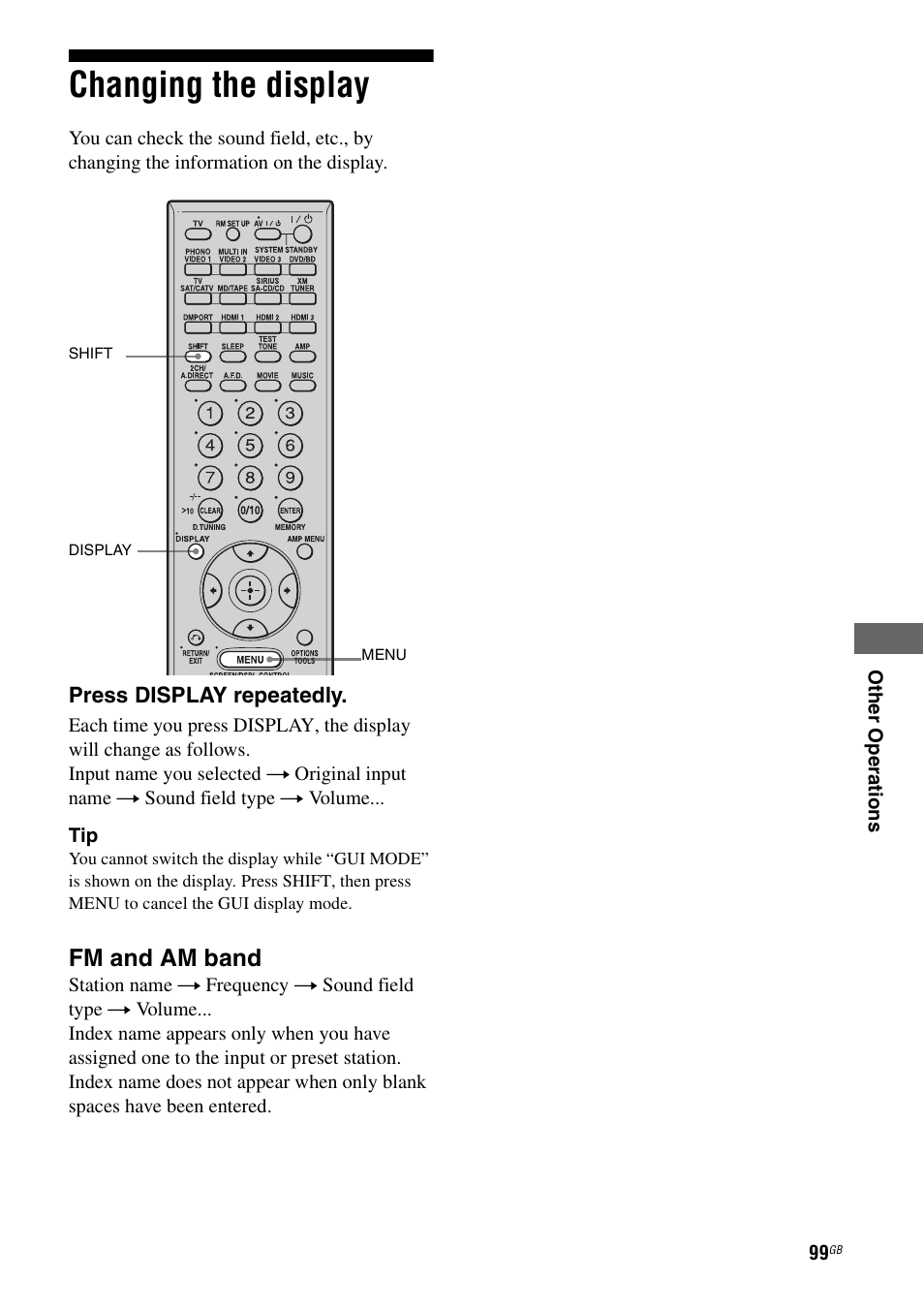 Changing the display, Fm and am band | Sony STR-DG2100 User Manual | Page 99 / 134