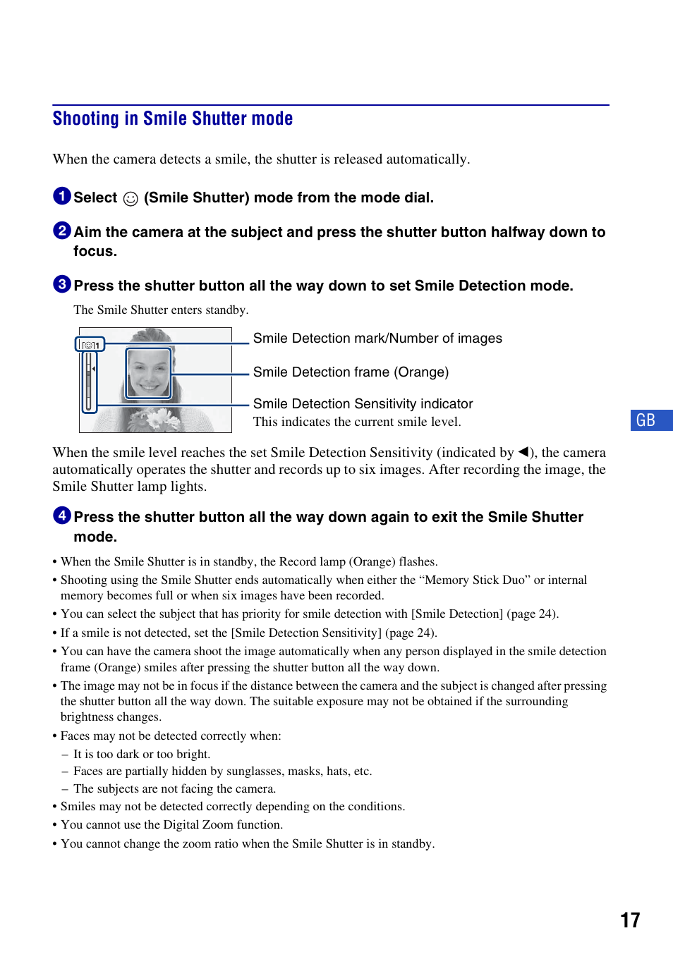 Shooting in smile shutter mode | Sony Cyber-shot 3-700-781-61(1) User Manual | Page 17 / 72