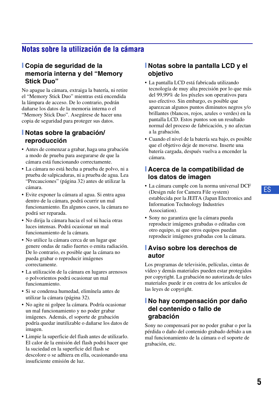 Notas sobre la utilización de la cámara | Sony Cyber-shot 3-700-781-61(1) User Manual | Page 41 / 72