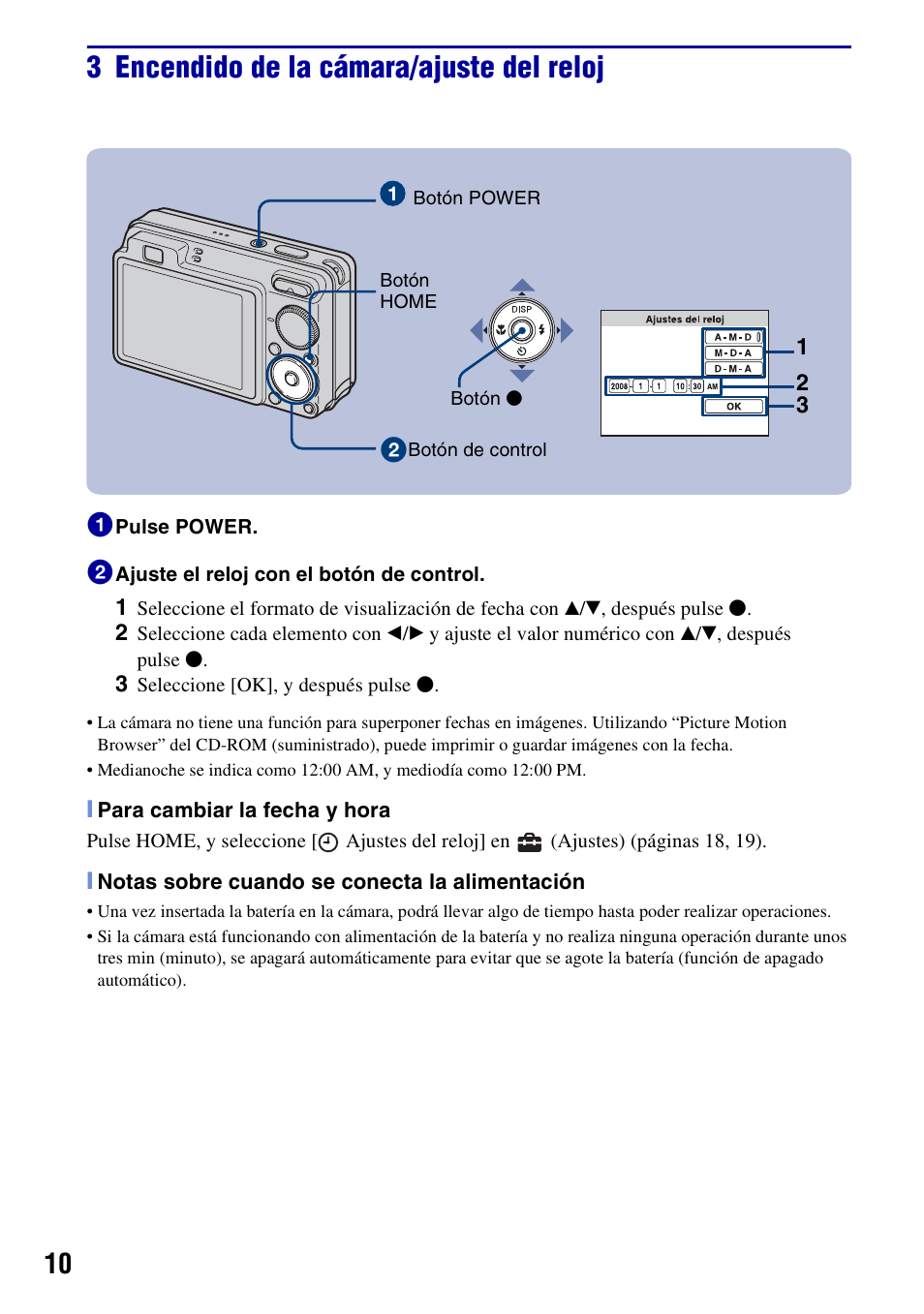 3 encendido de la cámara/ajuste del reloj | Sony Cyber-shot 3-700-781-61(1) User Manual | Page 46 / 72
