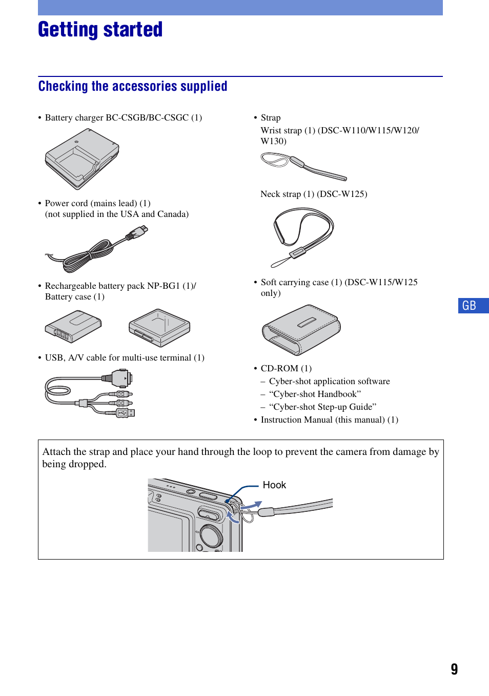 Getting started, Checking the accessories supplied | Sony Cyber-shot 3-700-781-61(1) User Manual | Page 9 / 72