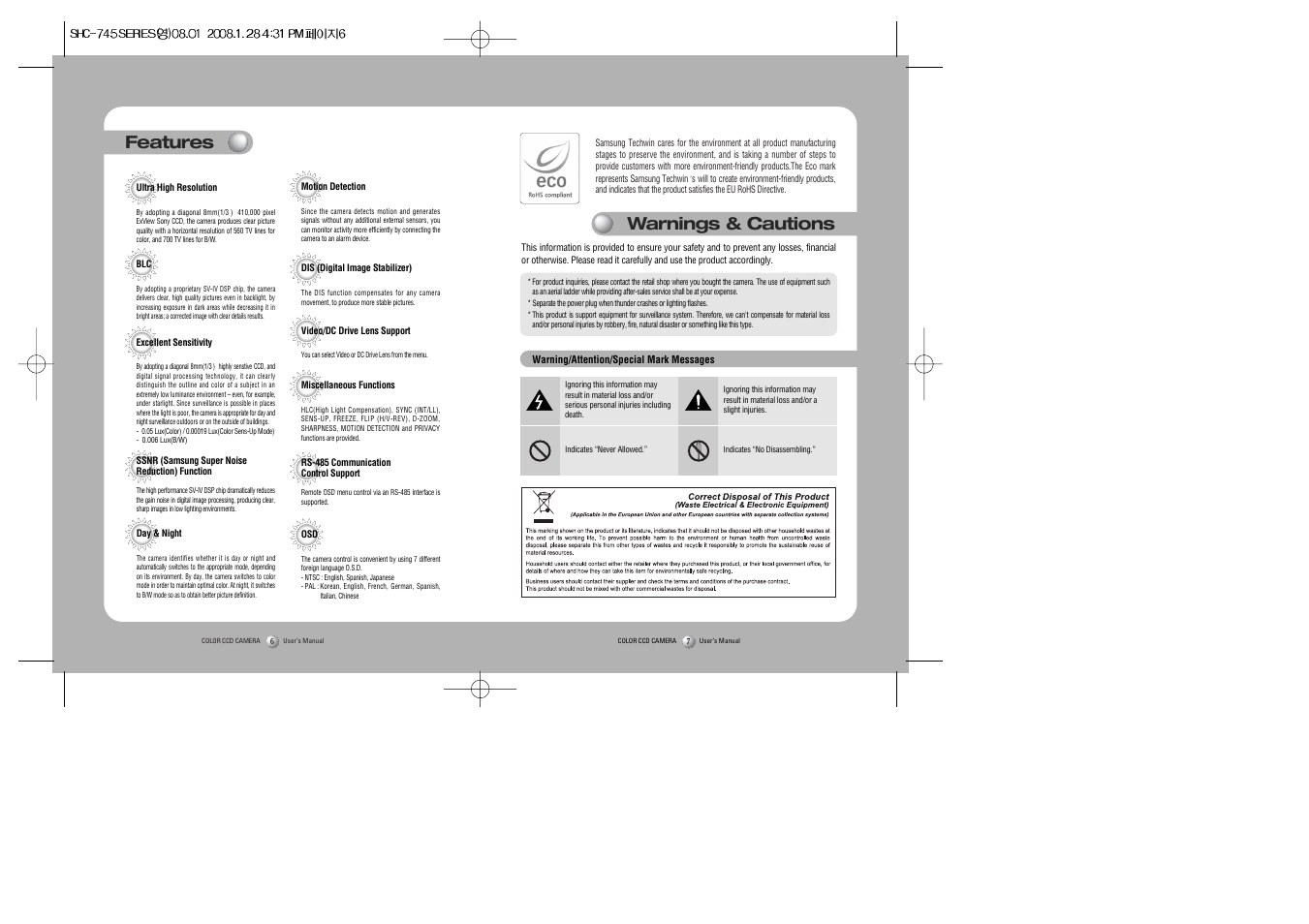 Features, Warnings & cautions | Sony 560TVL User Manual | Page 4 / 24