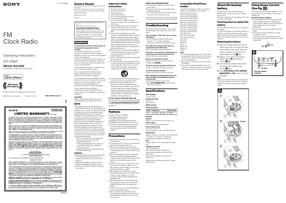 Sony FM Clock Radio ICF-C05iP User Manual | 2 pages