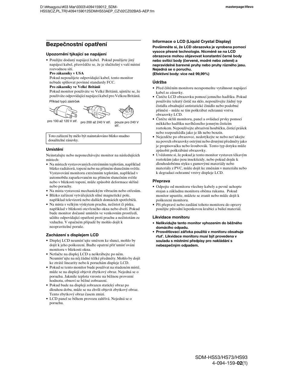 Bezpečnostní opatření | Sony SDM-HS53 User Manual | Page 194 / 288