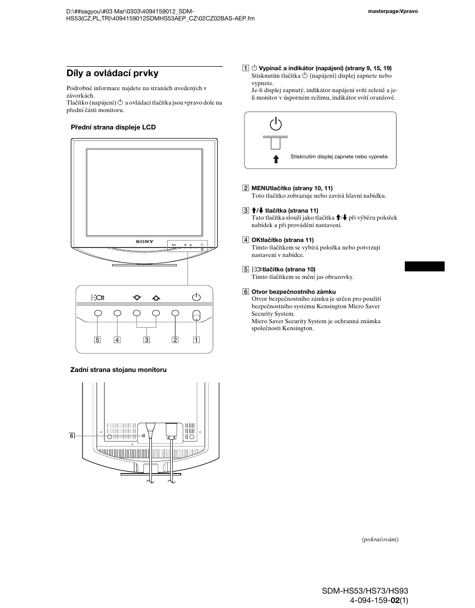 Díly a ovládací prvky | Sony SDM-HS53 User Manual | Page 195 / 288