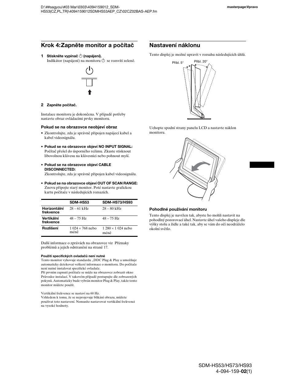 Krok 4: zapněte monitor a počítač, Nastavení náklonu, Strany 9 | Krok 4:zapněte monitor a počítač | Sony SDM-HS53 User Manual | Page 199 / 288