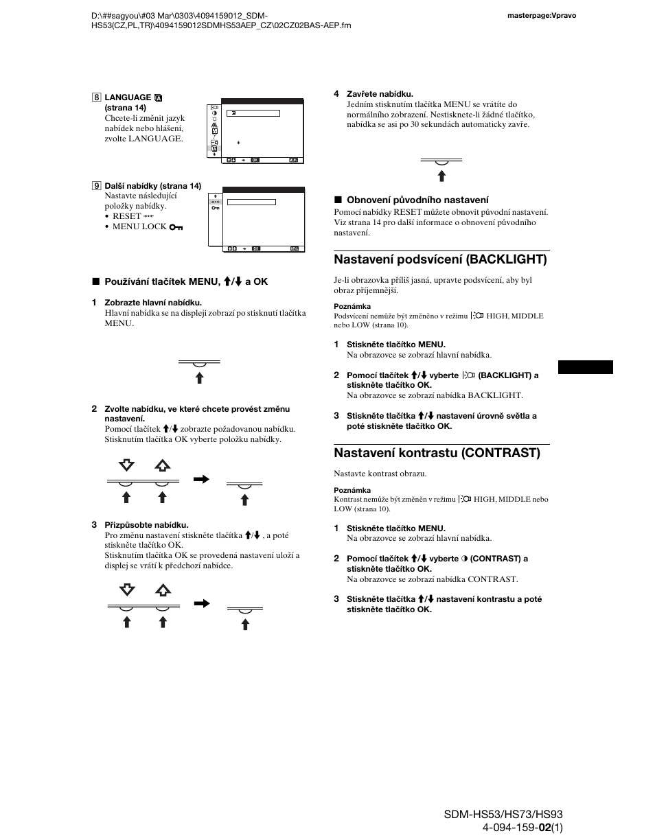 Nastavení podsvícení (backlight), Nastavení kontrastu (contrast), Menu ok | Menu | Sony SDM-HS53 User Manual | Page 201 / 288