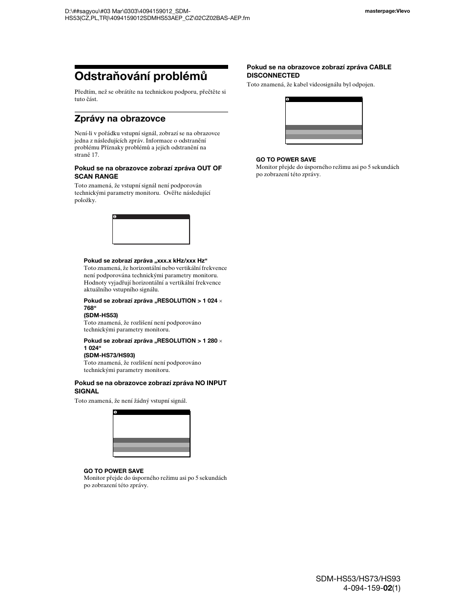 Odstraňování problémů, Zprávy na obrazovce | Sony SDM-HS53 User Manual | Page 206 / 288