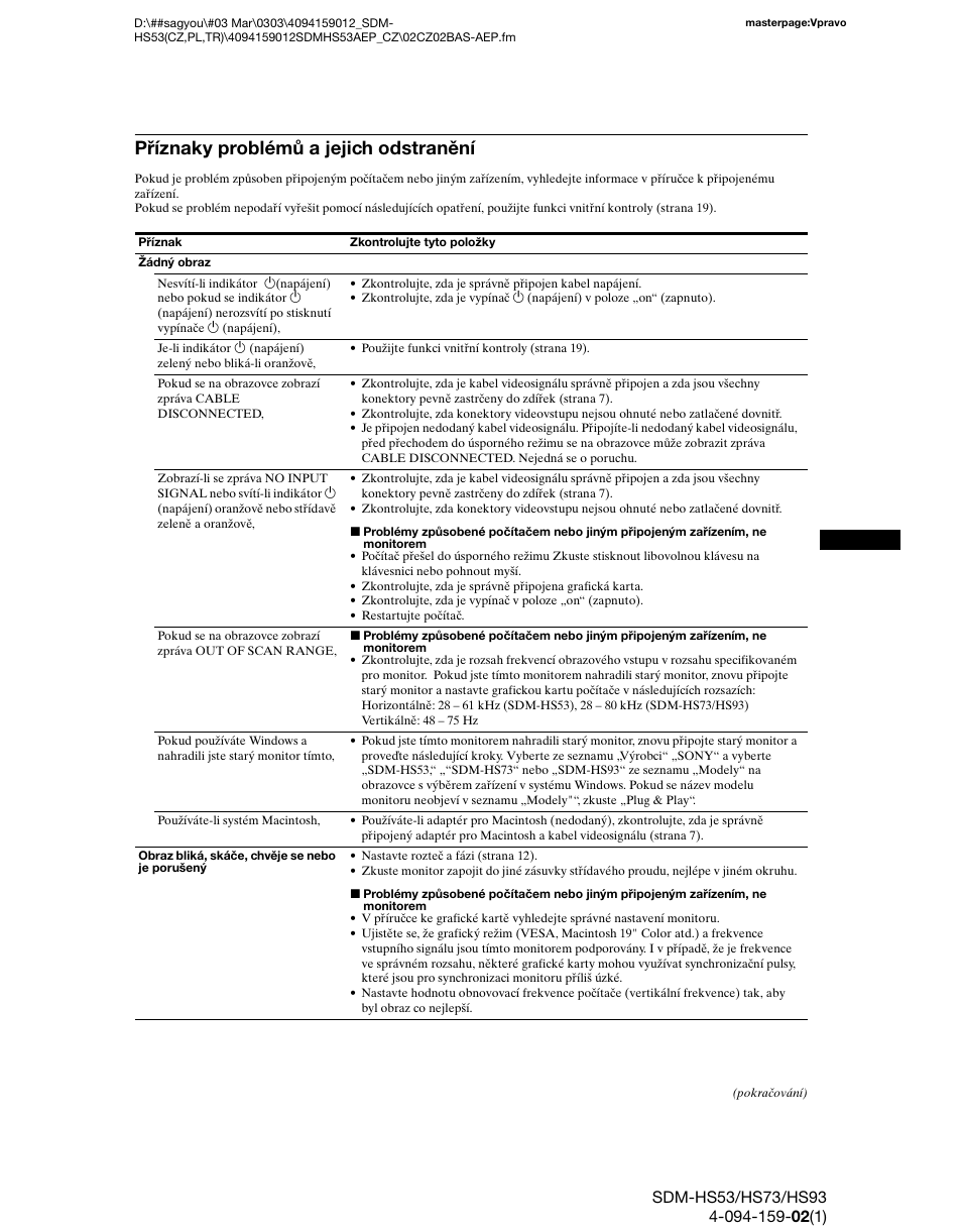 Příznaky problémů a jejich odstranění | Sony SDM-HS53 User Manual | Page 207 / 288