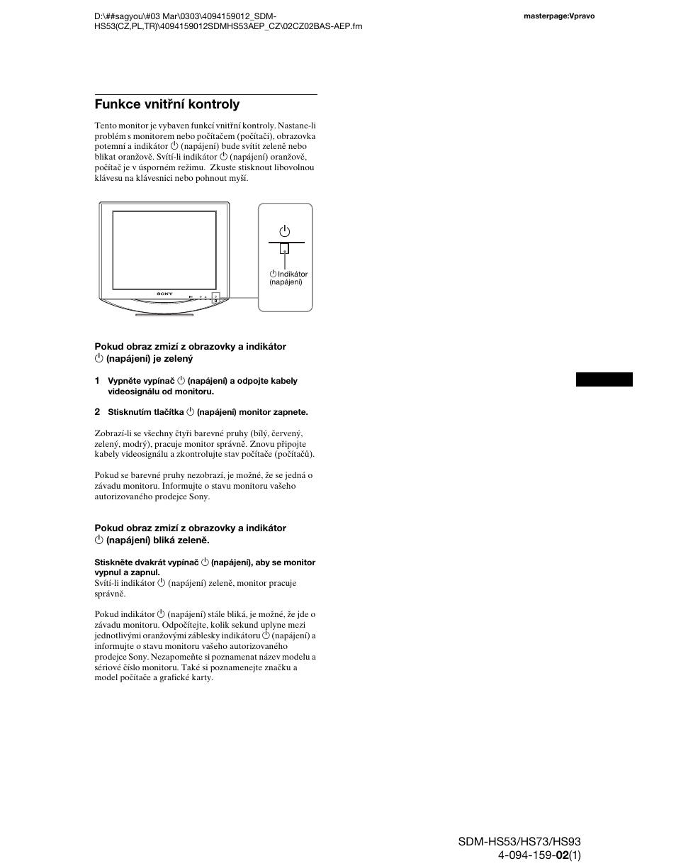 Funkce vnitřní kontroly | Sony SDM-HS53 User Manual | Page 209 / 288