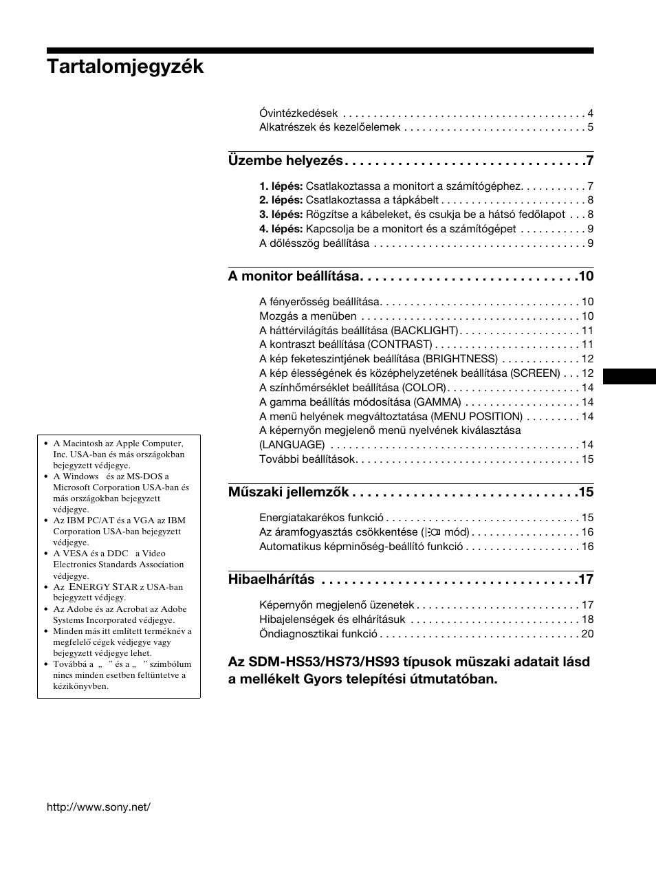 Fedőlap, Tartalomjegyzék, Üzembe helyezés | A monitor beállítása, Műszaki jellemzők, Hibaelhárítás | Sony SDM-HS53 User Manual | Page 212 / 288