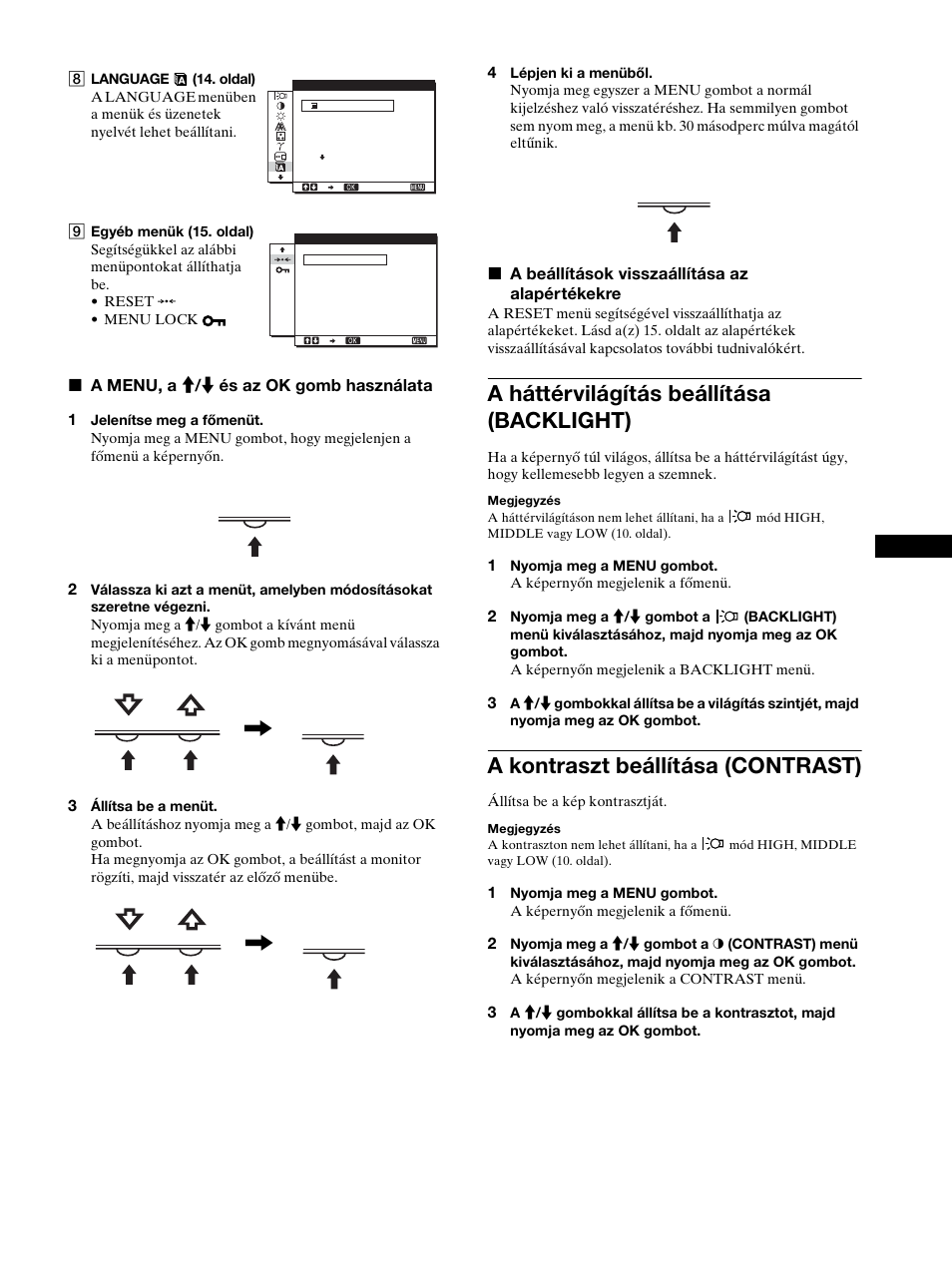 A háttérvilágítás beállítása (backlight), A kontraszt beállítása (contrast), Oldal) | K (11. oldal), Oldal, N. lásd a(z) 11. oldalt a, Menu ok, Menu | Sony SDM-HS53 User Manual | Page 220 / 288