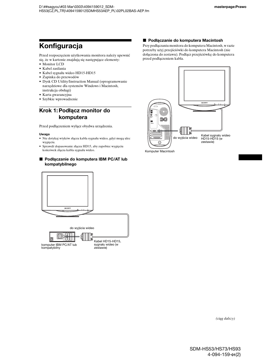 Konfiguracja, Krok 1: podłącz monitor do komputera | Sony SDM-HS53 User Manual | Page 236 / 288