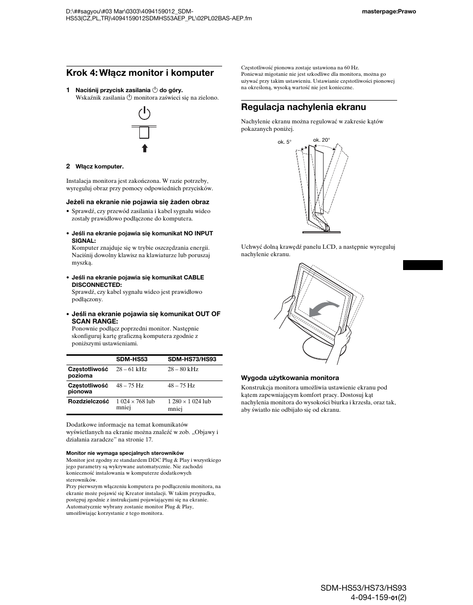 Krok 4:włącz monitor i komputer, Regulacja nachylenia ekranu, Strony 9 | Krok 4: włącz monitor i komputer | Sony SDM-HS53 User Manual | Page 238 / 288