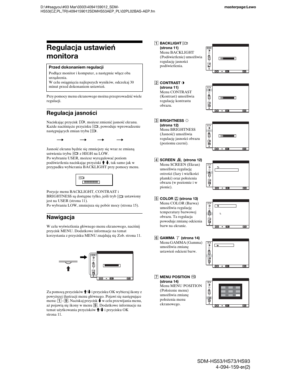 Regulacja ustawień monitora, Regulacja jasności, Nawigacja | Regulacja jasności nawigacja, Strony 10, Menu | Sony SDM-HS53 User Manual | Page 239 / 288