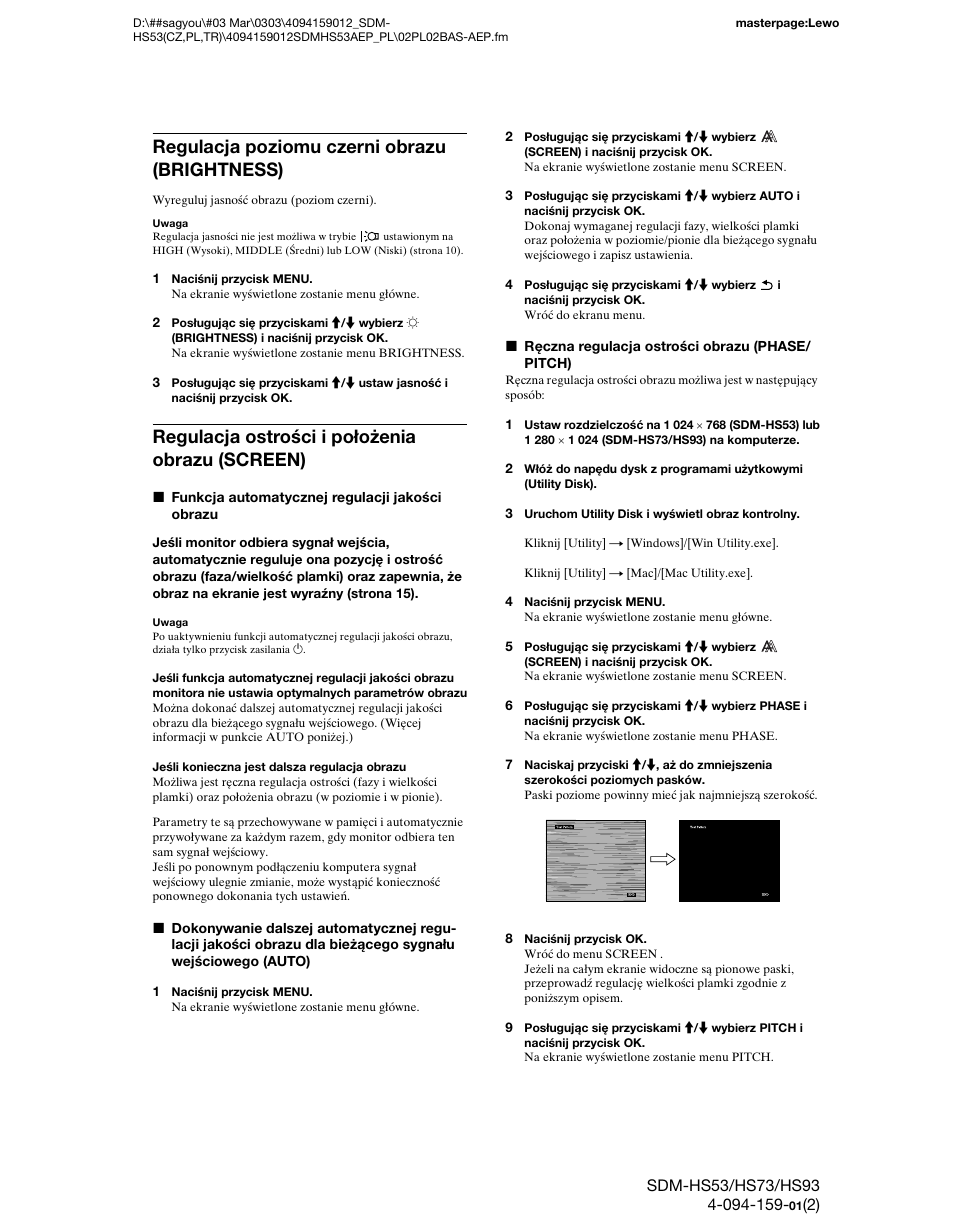 Regulacja poziomu czerni obrazu (brightness), Regulacja ostrości i położenia obrazu (screen) | Sony SDM-HS53 User Manual | Page 241 / 288