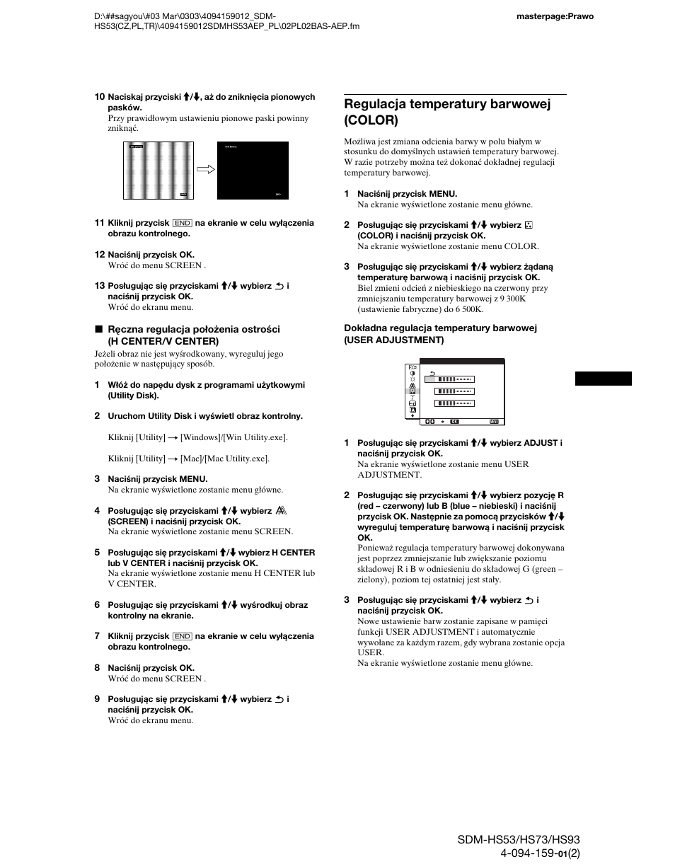 Regulacja temperatury barwowej (color) | Sony SDM-HS53 User Manual | Page 242 / 288