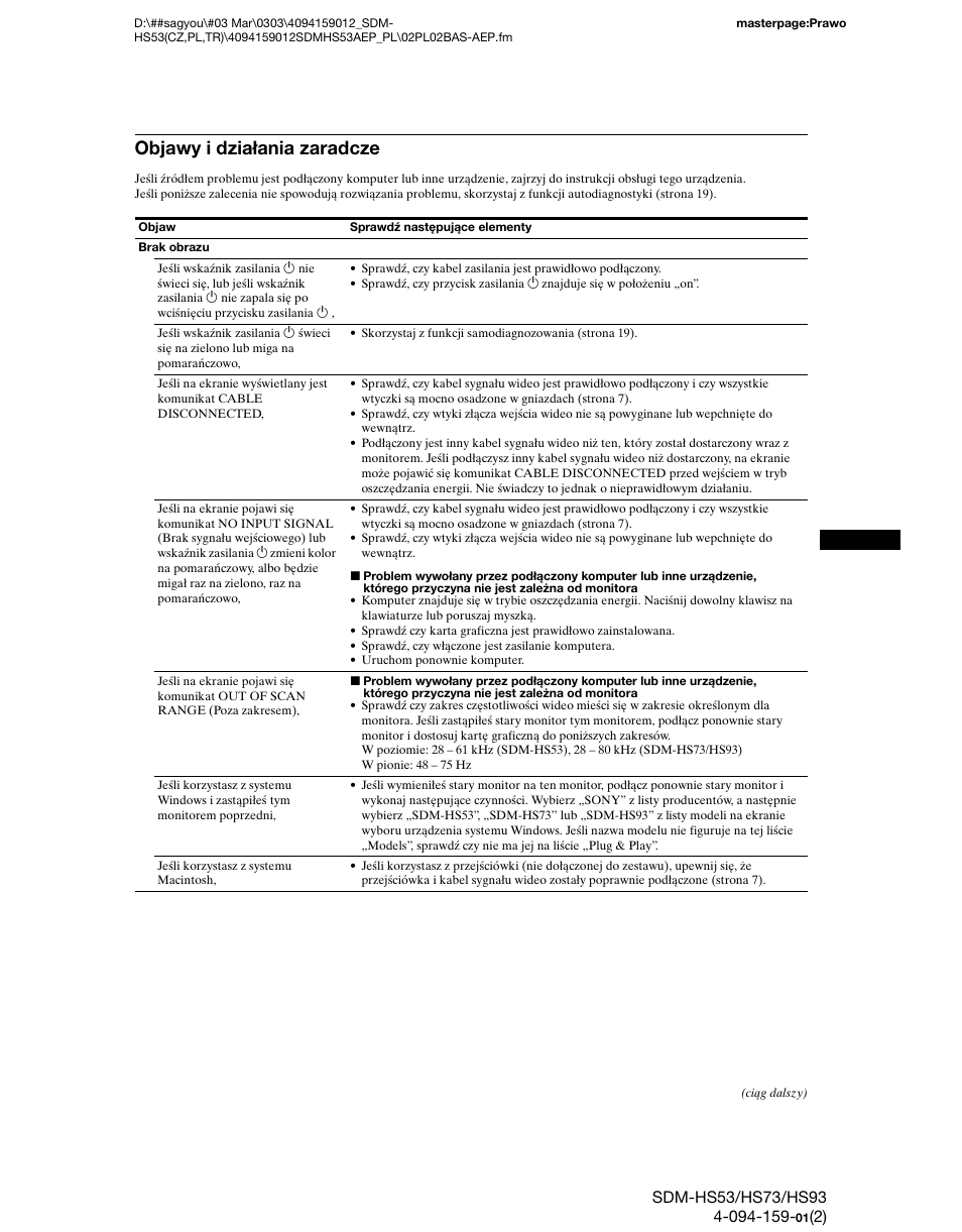 Objawy i działania zaradcze | Sony SDM-HS53 User Manual | Page 246 / 288