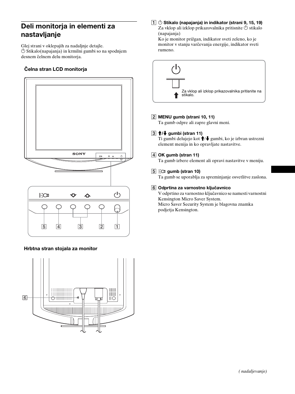 Deli monitorja in elementi za nastavljanje | Sony SDM-HS53 User Manual | Page 253 / 288