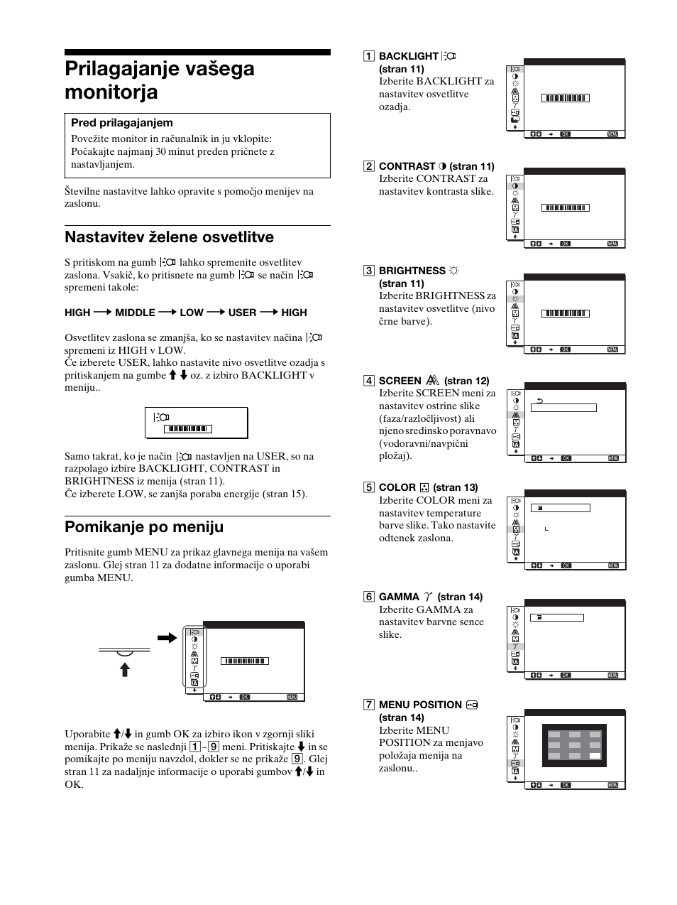 Prilagajanje vašega monitorja, Nastavitev želene osvetlitve, Pomikanje po meniju | Nastavitev želene osvetlitve pomikanje po meniju, Strani 10, Stran 10), Menu | Sony SDM-HS53 User Manual | Page 258 / 288