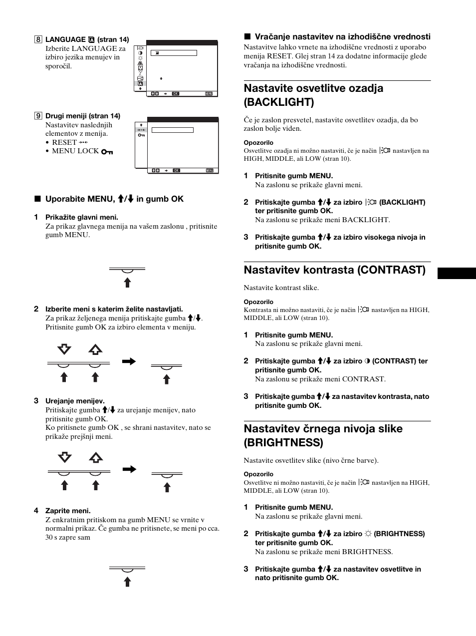 Nastavite osvetlitve ozadja (backlight), Nastavitev kontrasta (contrast), Nastavitev črnega nivoja slike (brightness) | I (stran 11), Stran 11), Ija (stran 11), Glej stran 11 z, Stran 11, Menu ok, Menu | Sony SDM-HS53 User Manual | Page 259 / 288